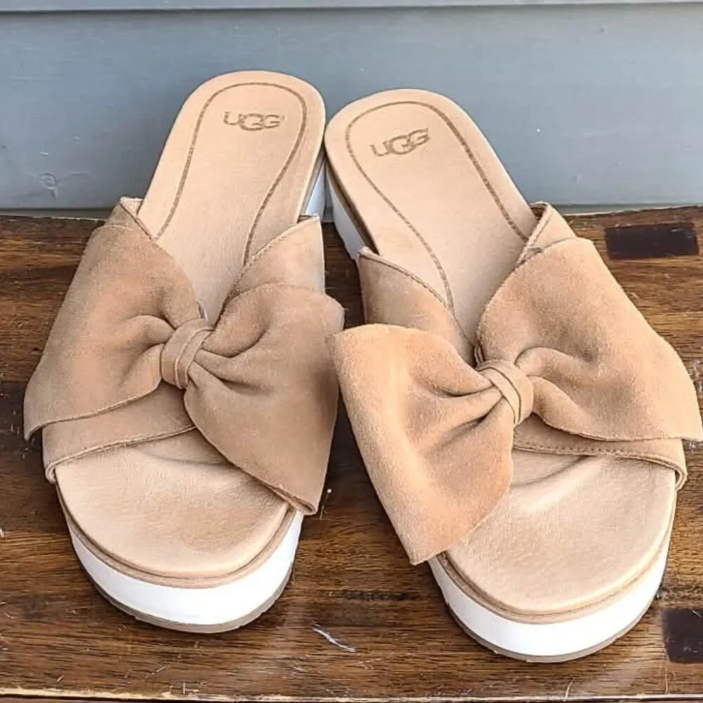 UGG Joan II Chestnut Suede Bow Platform Sandal size 8 LIKE NEW